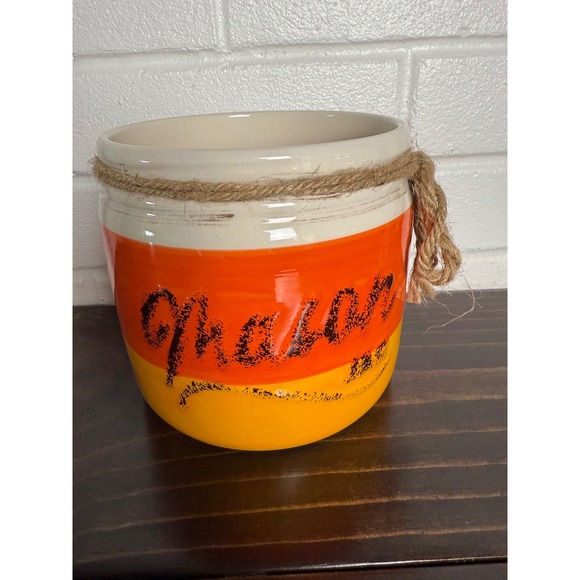 Halloween Candy Corn Ceramic Mason Jar Decorative Accent Vase Holiday Decor - Picture 1 of 10